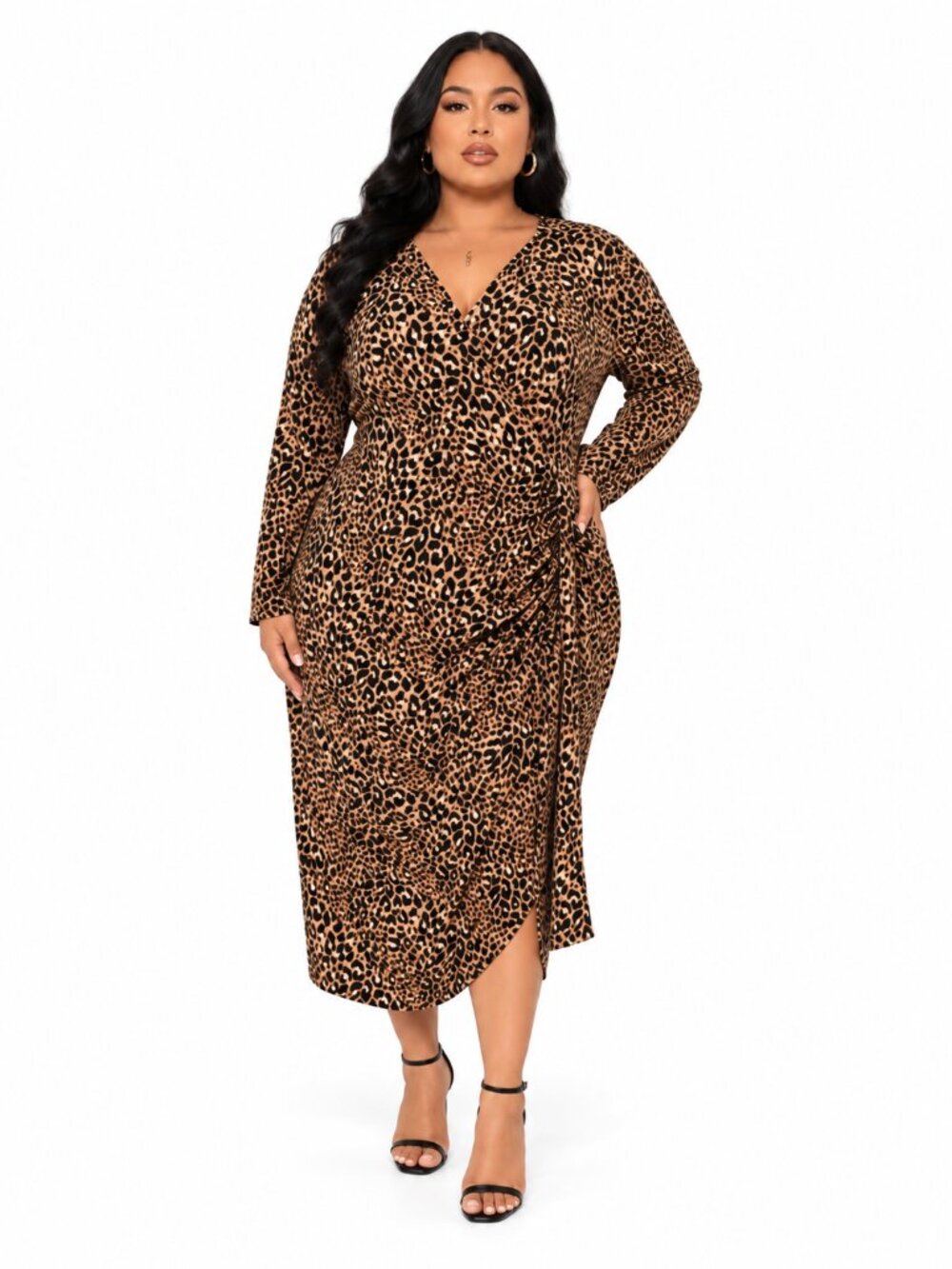 Calvin Klein Leopard Print Long Sleeve Wrap Midi Dress, 1X
